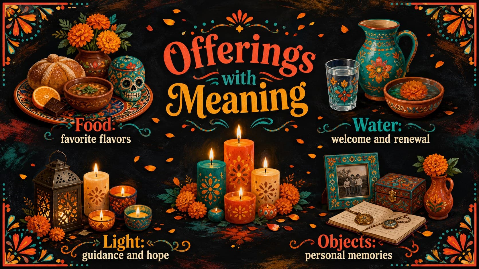 Mexican remembrance presentation template slide featuring four categories of meaningful altar offerings.
