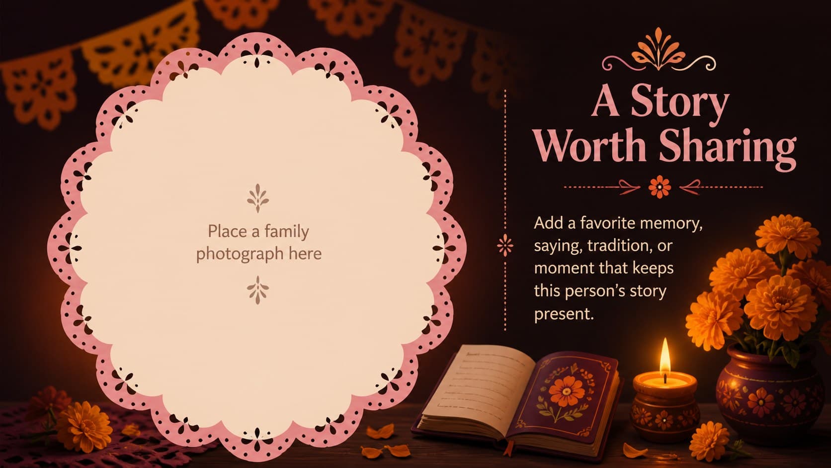 Día de Muertos photo tribute deck layout with a portrait placeholder and space for a personal memory.