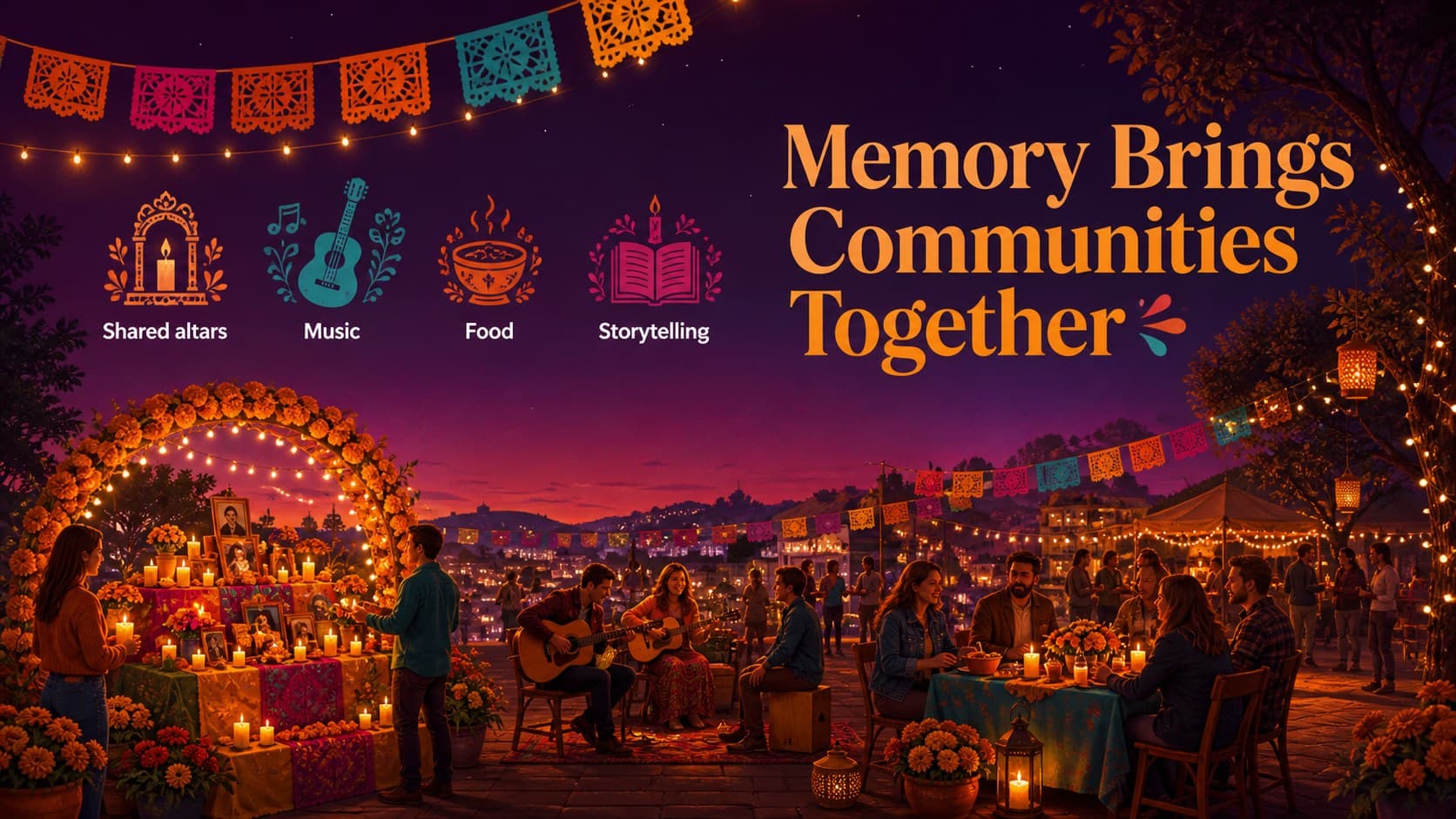 Community Día de Muertos celebration slide highlighting shared altars, music, food, and storytelling.