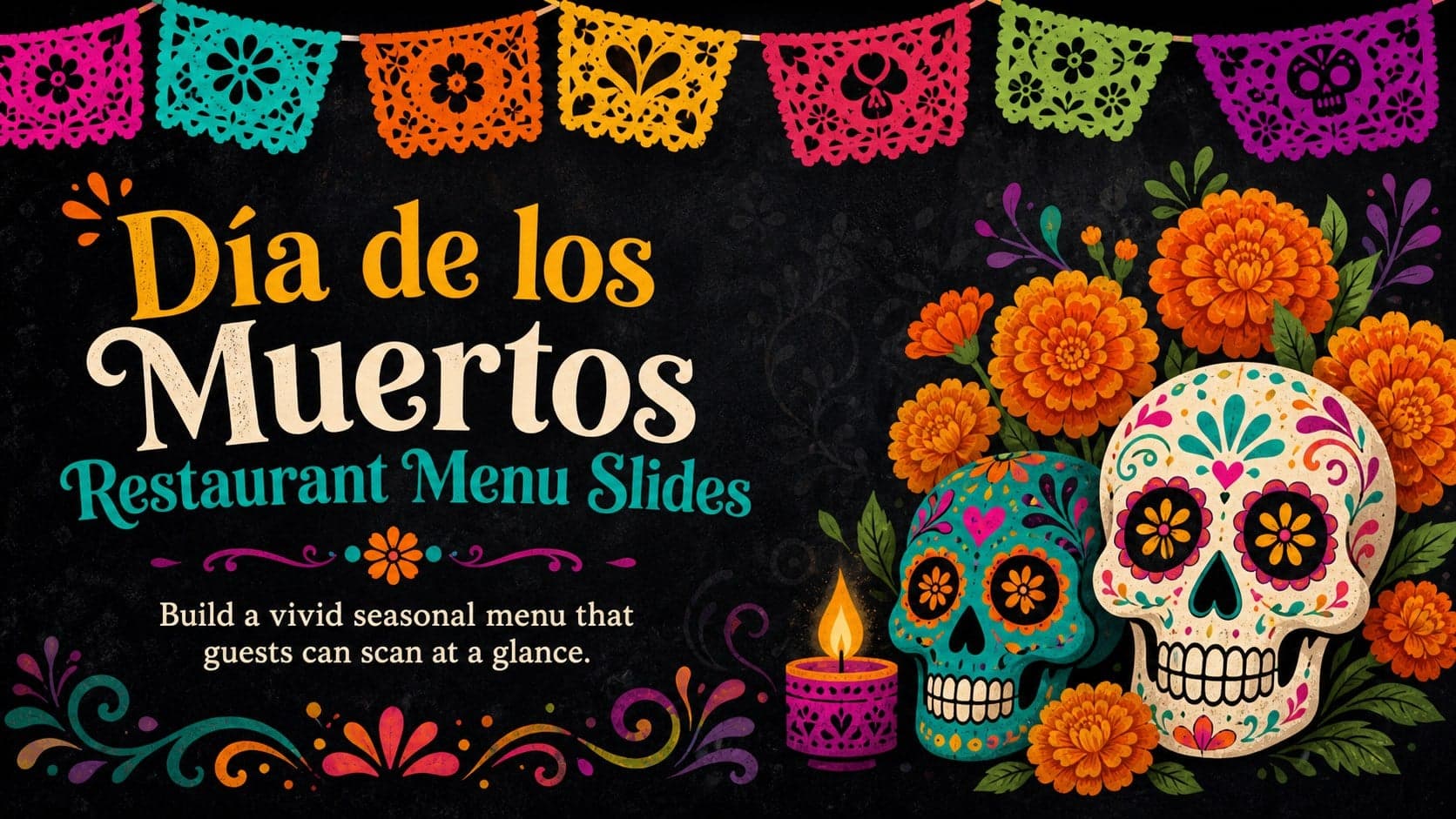 Colorful cover for Día de los Muertos restaurant menu slides with folk-art flowers, decorative skull motifs, and a bold dining-event title.