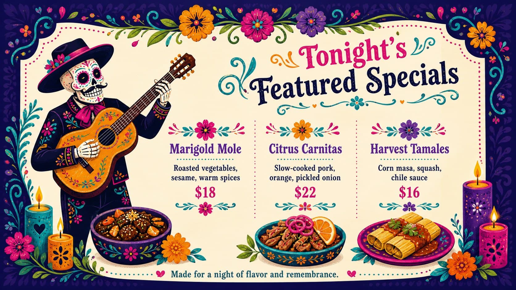 Featured Day of the Dead dinner specials slide with three dishes, concise descriptions, prices, and colorful floral illustrations.