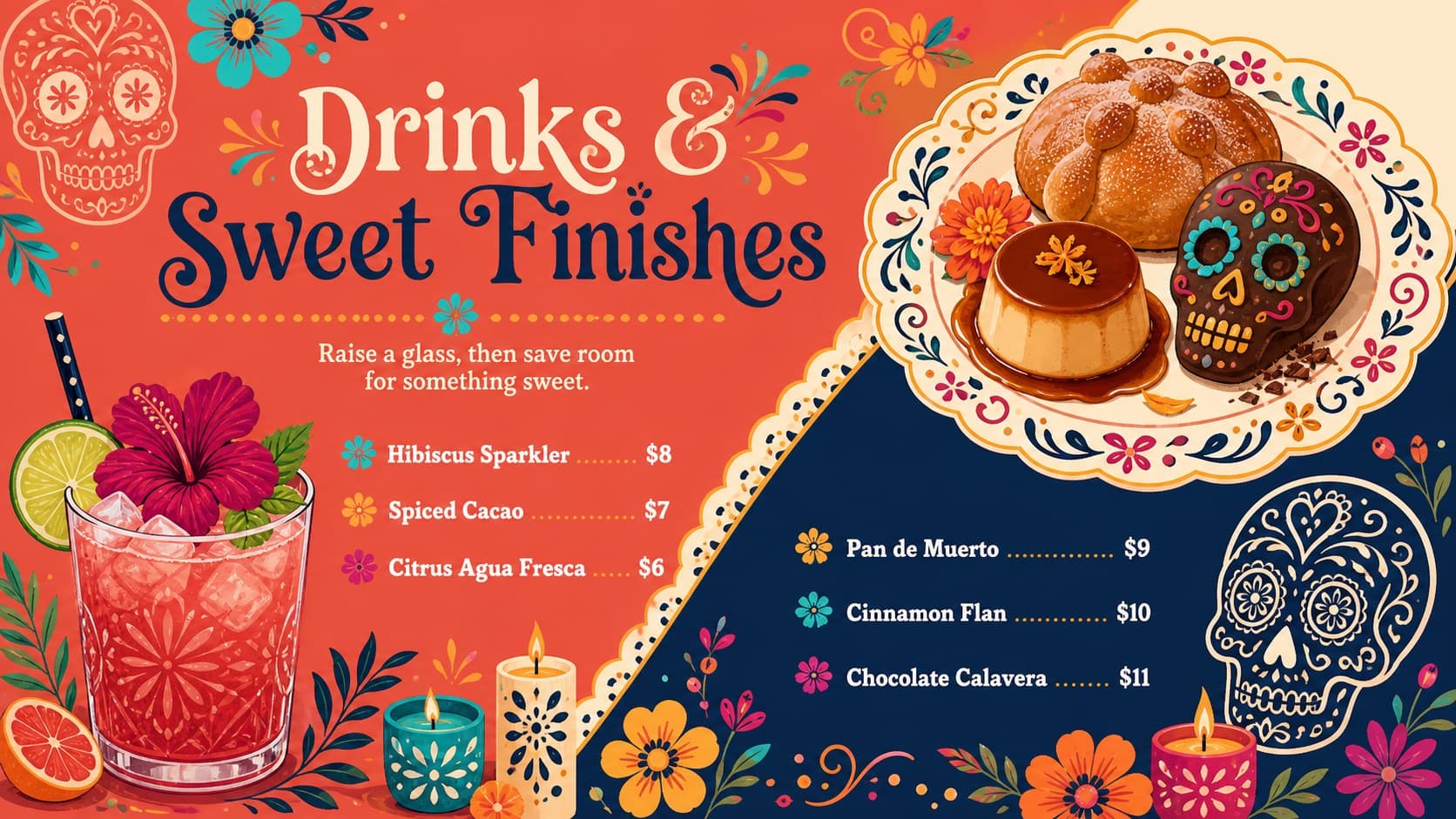 Folk art holiday menu presentation featuring festive drinks and desserts with prices, floral patterns, and original illustrated glassware.