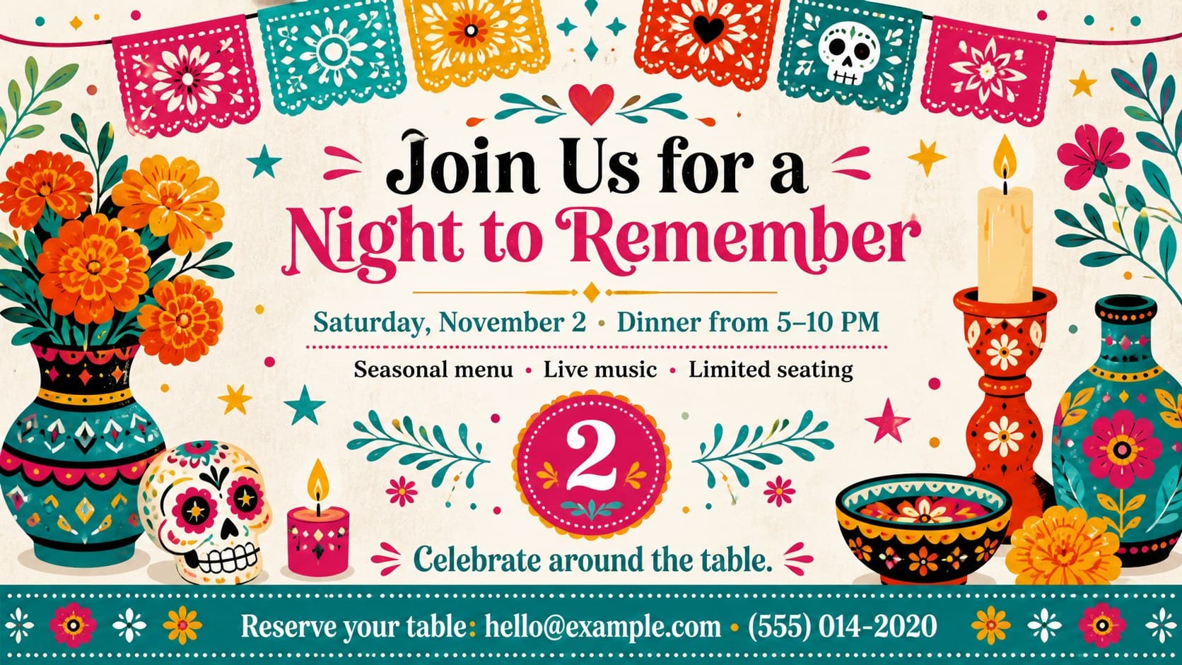 Day of the Dead dining event closing slide with reservation details, date, location, and a vibrant illustrated call to action.