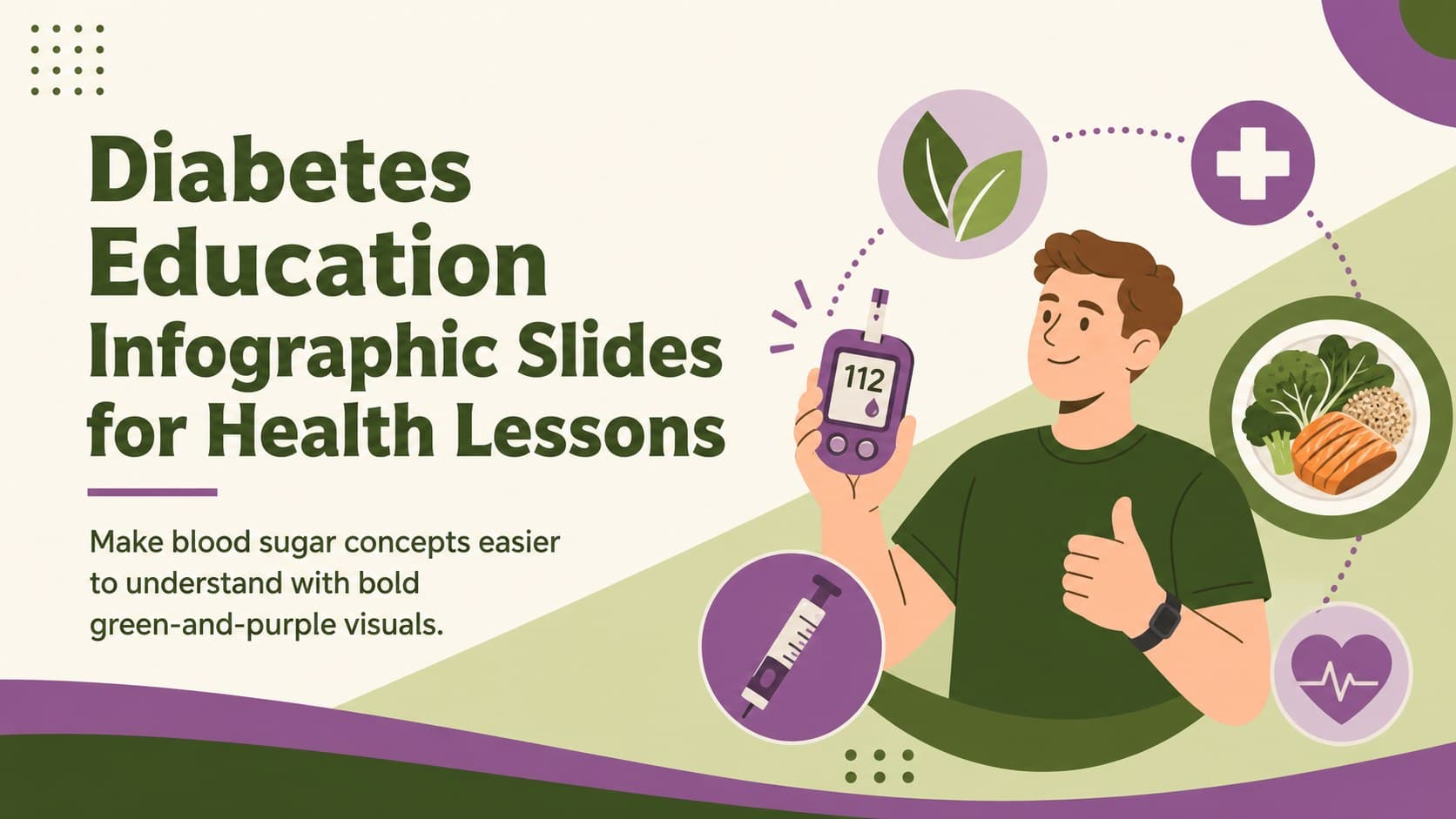 Cover for diabetes education infographic slides featuring bold green-and-purple health illustrations and a clear lesson title.