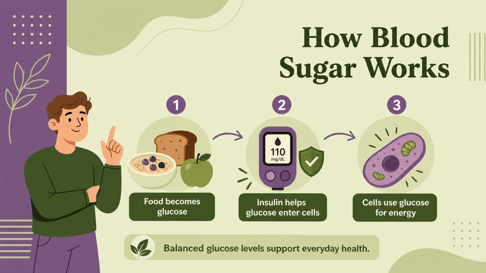 Blood sugar education slide deck page explaining glucose, insulin, and energy with a simple illustrated process.