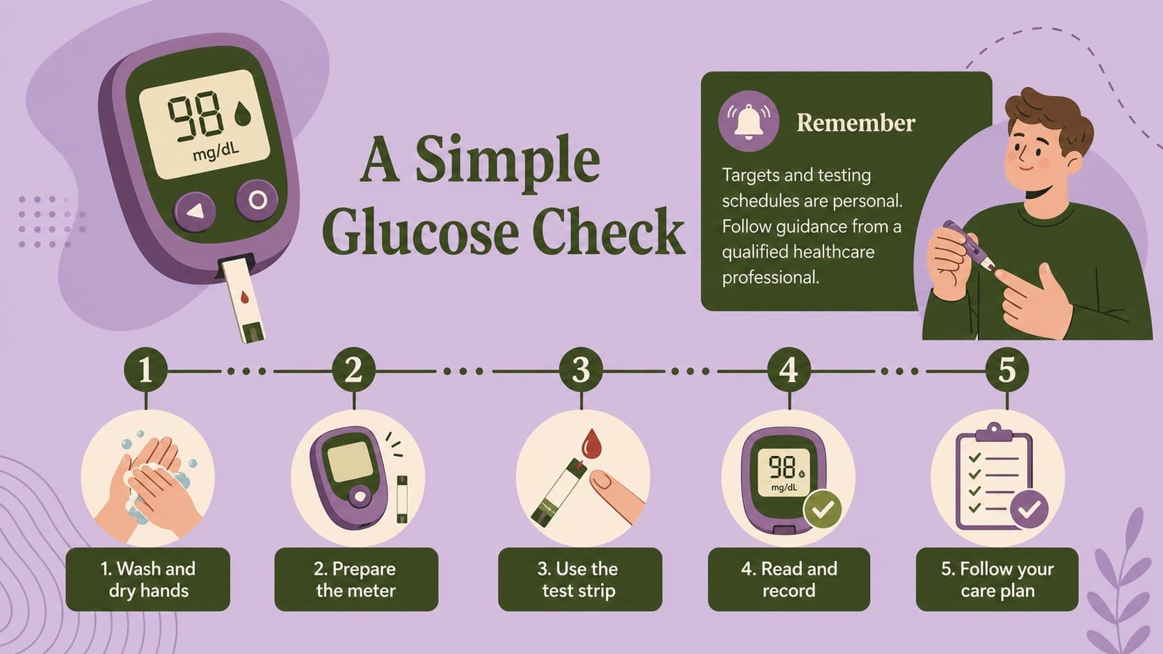 Glucose monitoring visual guide with an illustrated testing sequence and editable health reminder panel.
