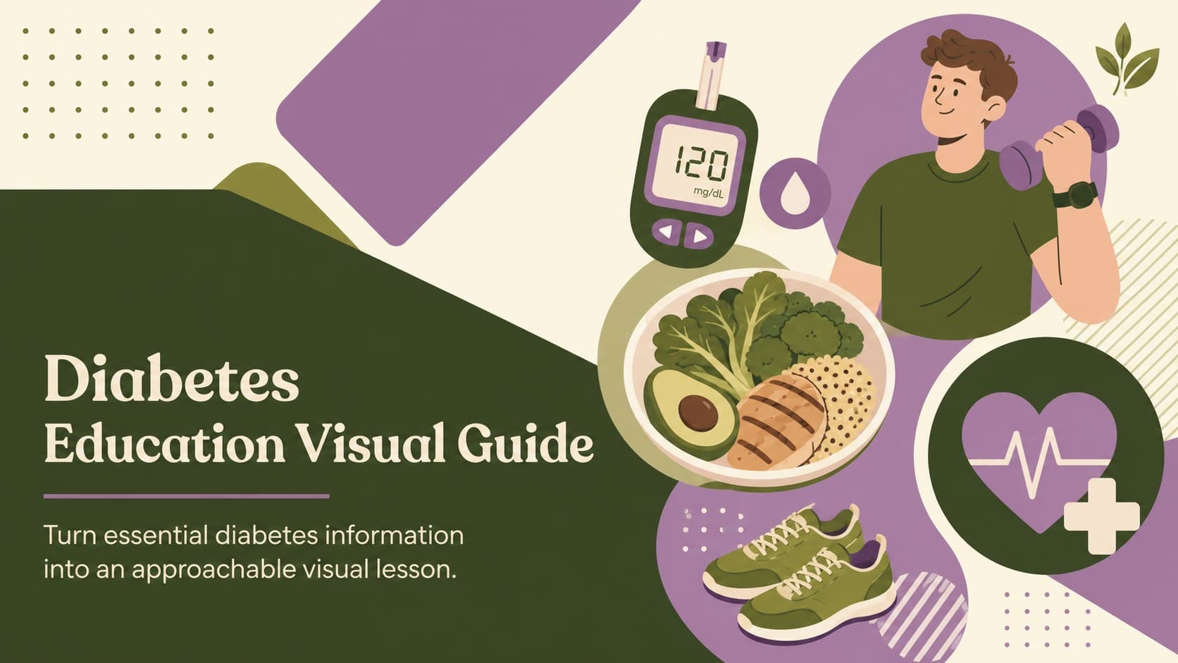 Cover of a diabetes education visual guide with green-and-purple medical illustrations and bold educational typography.