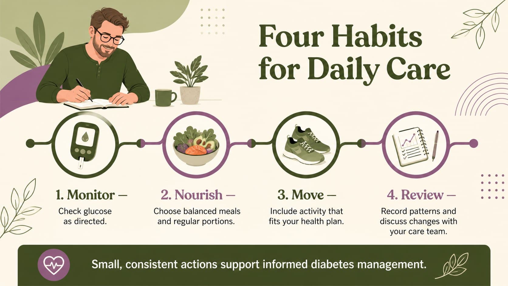 Blood sugar management slide showing four daily care habits through colorful medical icons and concise guidance.