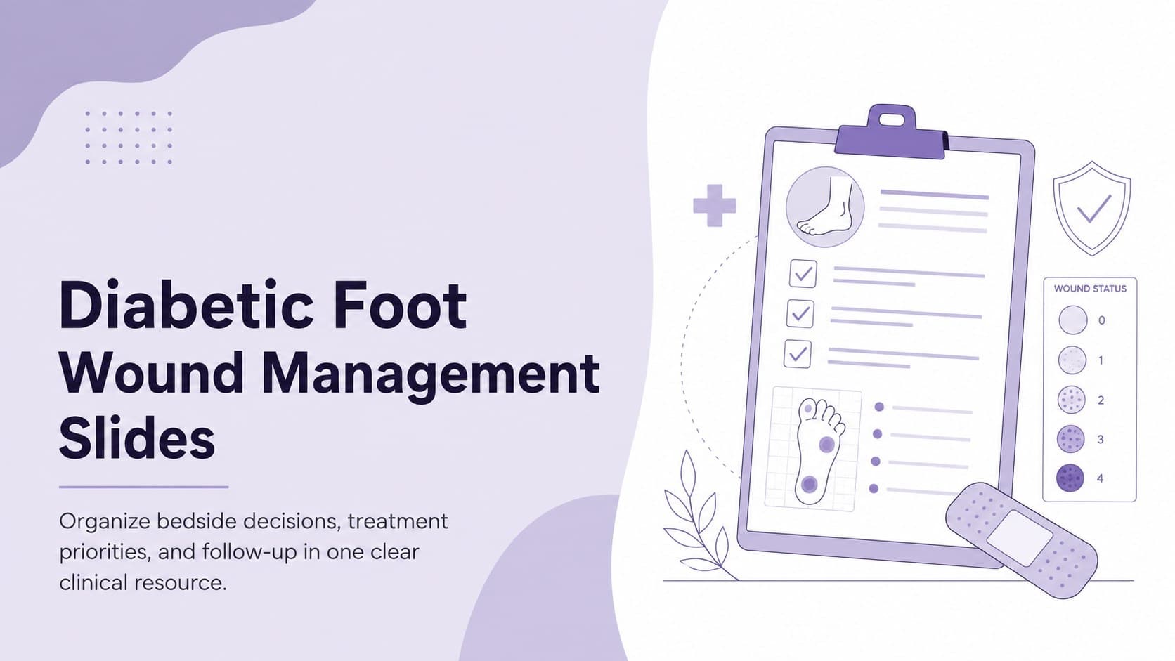 Purple cover for diabetic foot wound management slides with a clean clinical title and organized healthcare graphics.