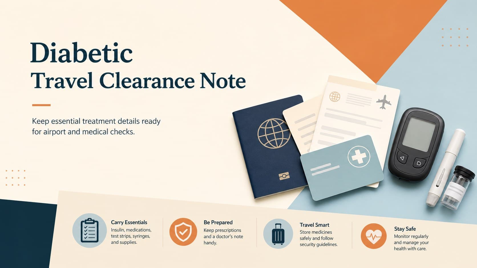 Cover of a Diabetic Travel Clearance Note in a modern beige, orange, and blue medical design.