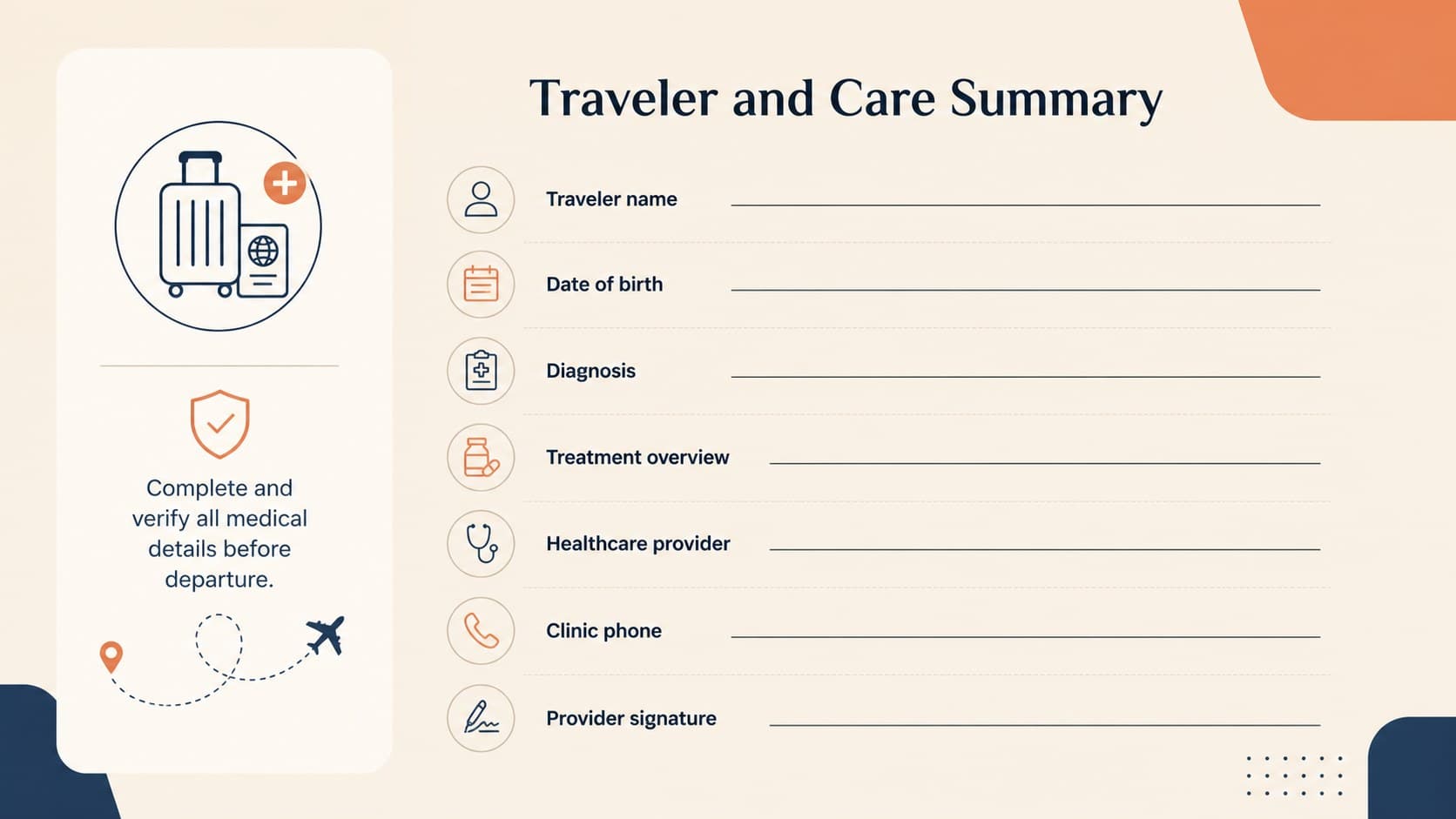 Diabetic travel clearance note page showing traveler details, diagnosis, and healthcare provider information.