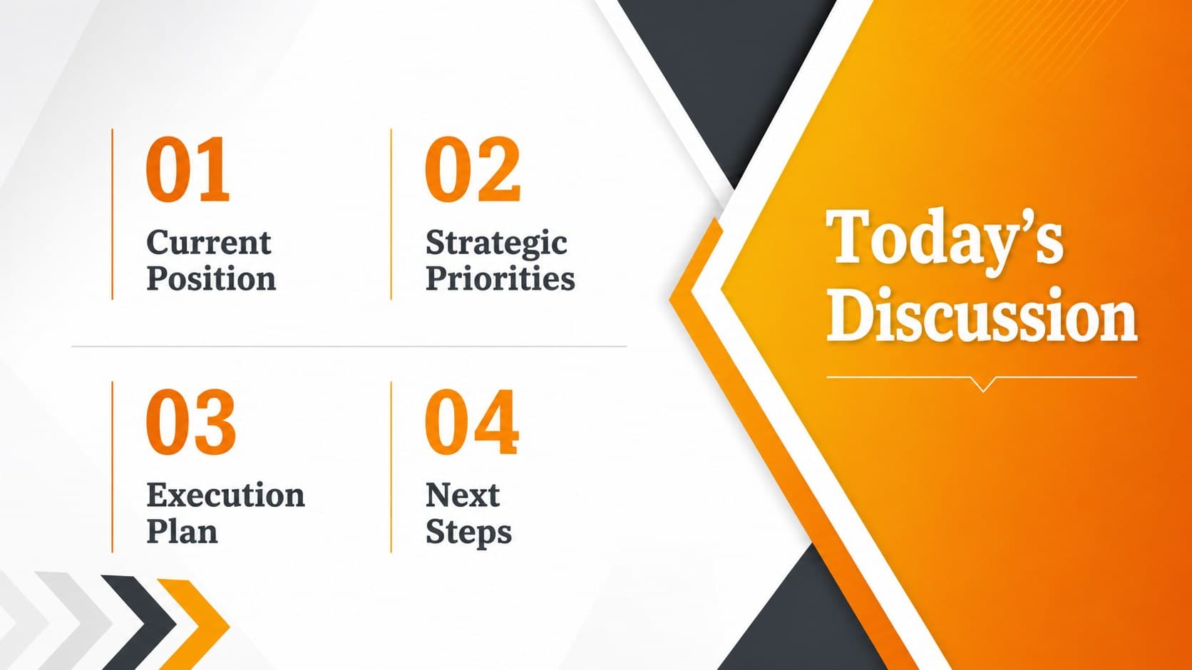 Corporate agenda slide with four meeting topics organized beside angular yellow navigation graphics.