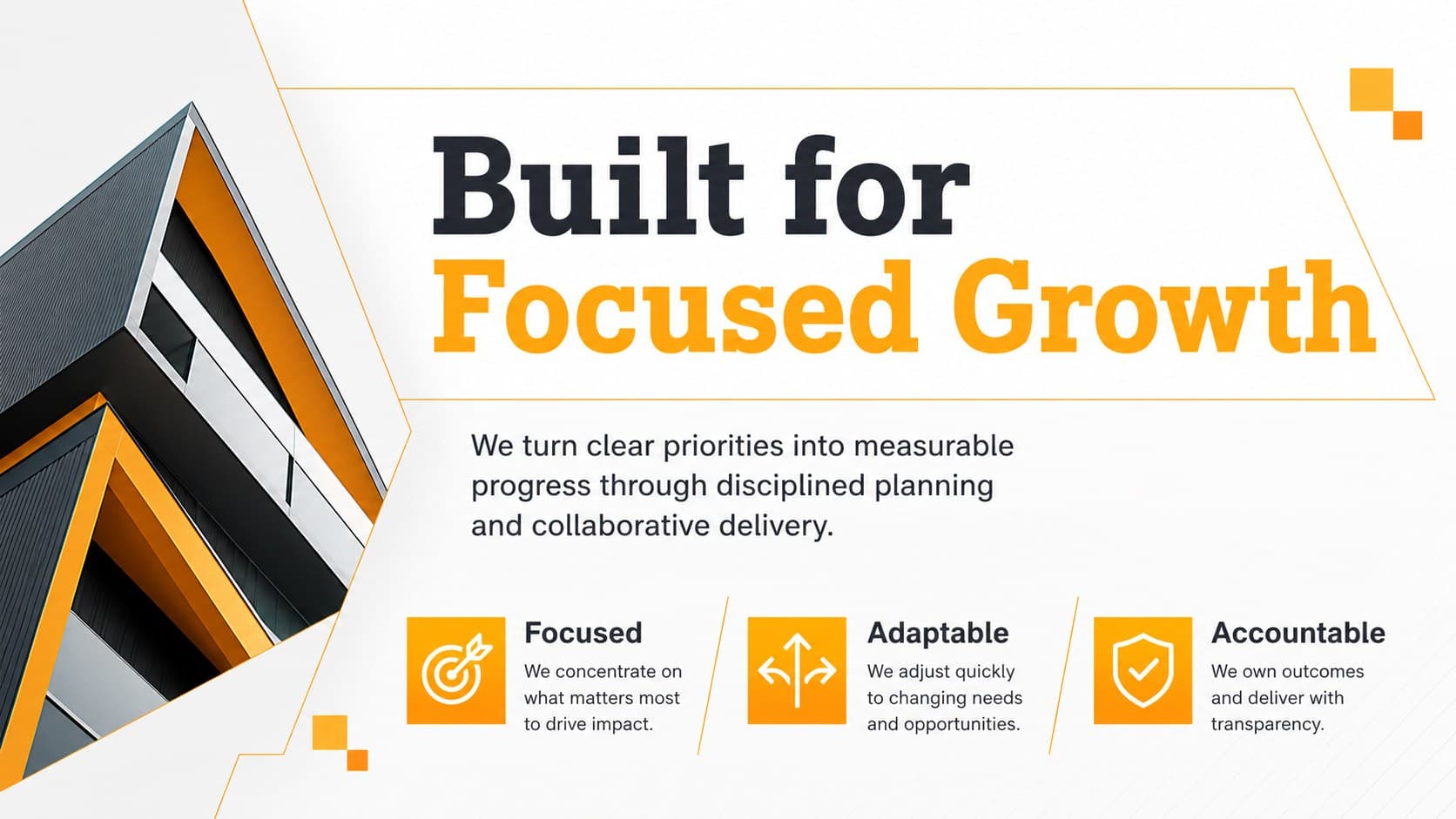 Professional company overview layout combining a concise profile with yellow geometric business presentation accents.