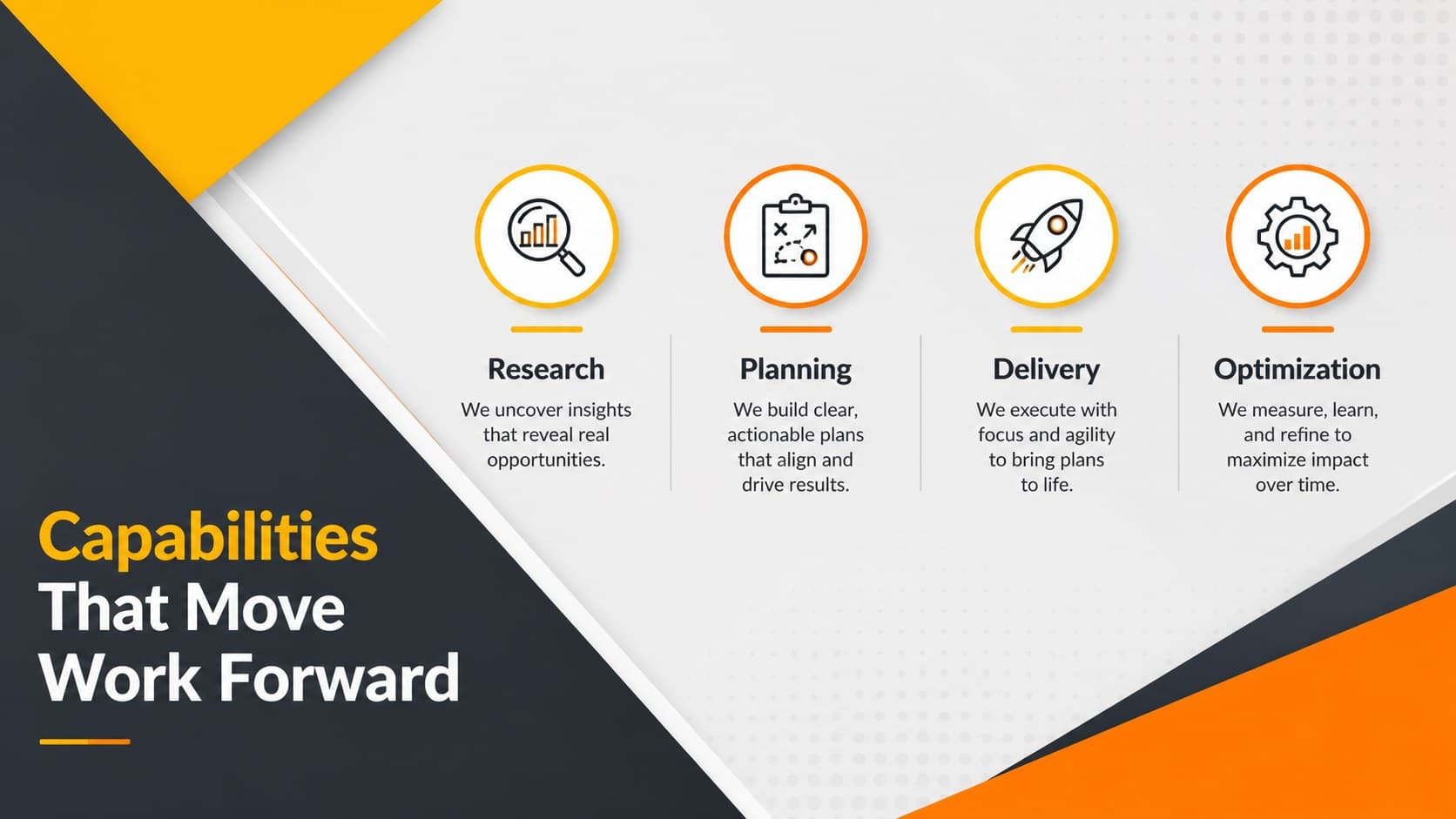 Corporate services overview showing four capabilities with icons and diagonal orange separators.