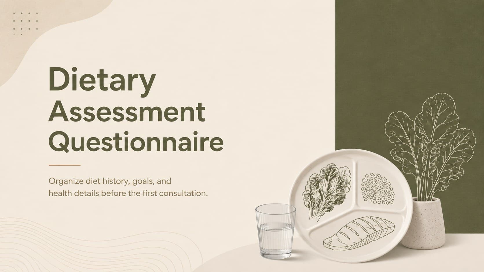Cover of a minimalist Dietary Assessment Questionnaire in green, brown, and beige for nutrition consultations.