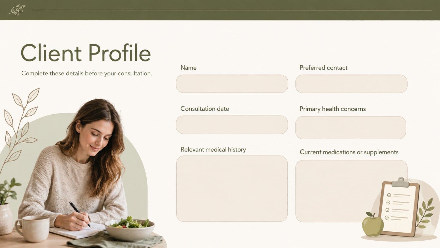 Client profile page from a diet history assessment template with contact, consultation, and health information fields.
