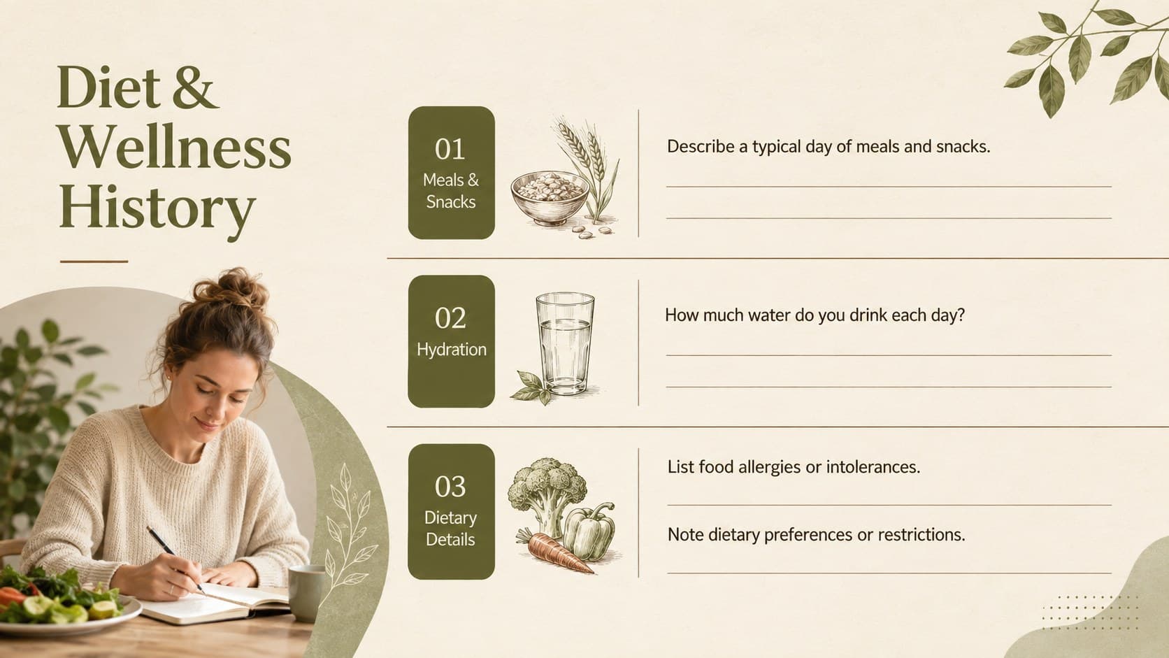 Nutrition client onboarding questionnaire slide covering meals, hydration, allergies, and dietary preferences.