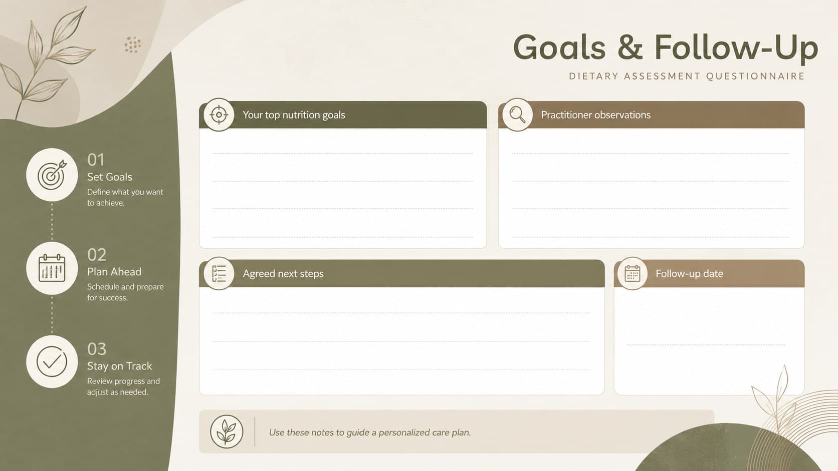 Meal pattern assessment template slide for recording nutrition goals, practitioner notes, and follow-up actions.