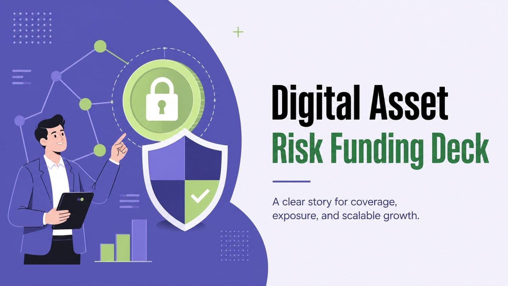 Cover of a violet digital asset risk funding deck with flat financial security illustrations and green accents.