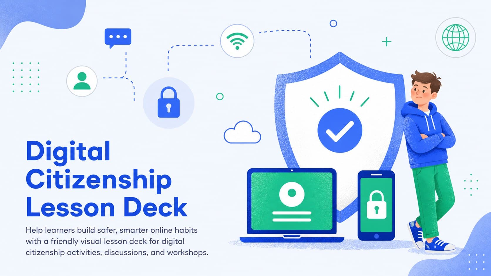 Cover slide introducing a digital citizenship lesson deck with blue and green technology illustrations.