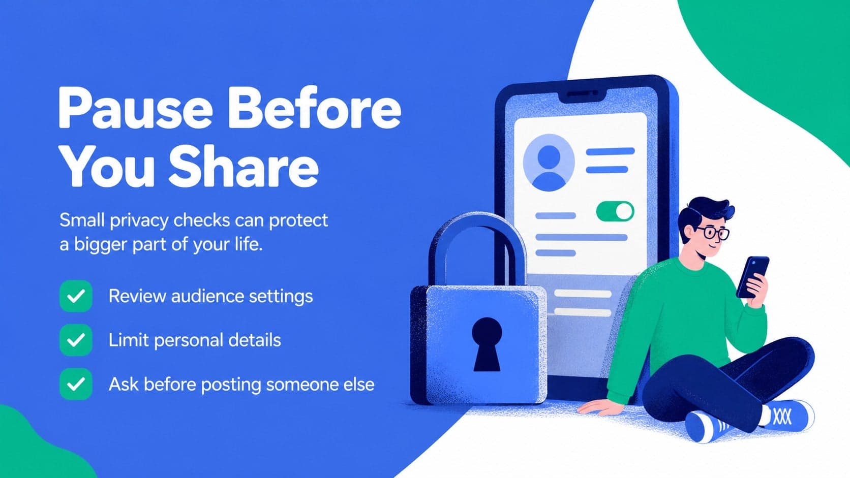 Privacy checklist slide for an online safety presentation for students.