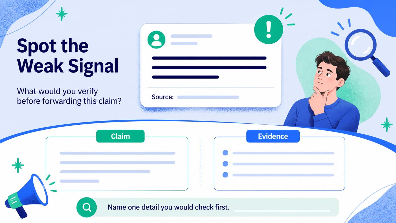 Misinformation activity slide with a visual claim-checking exercise.