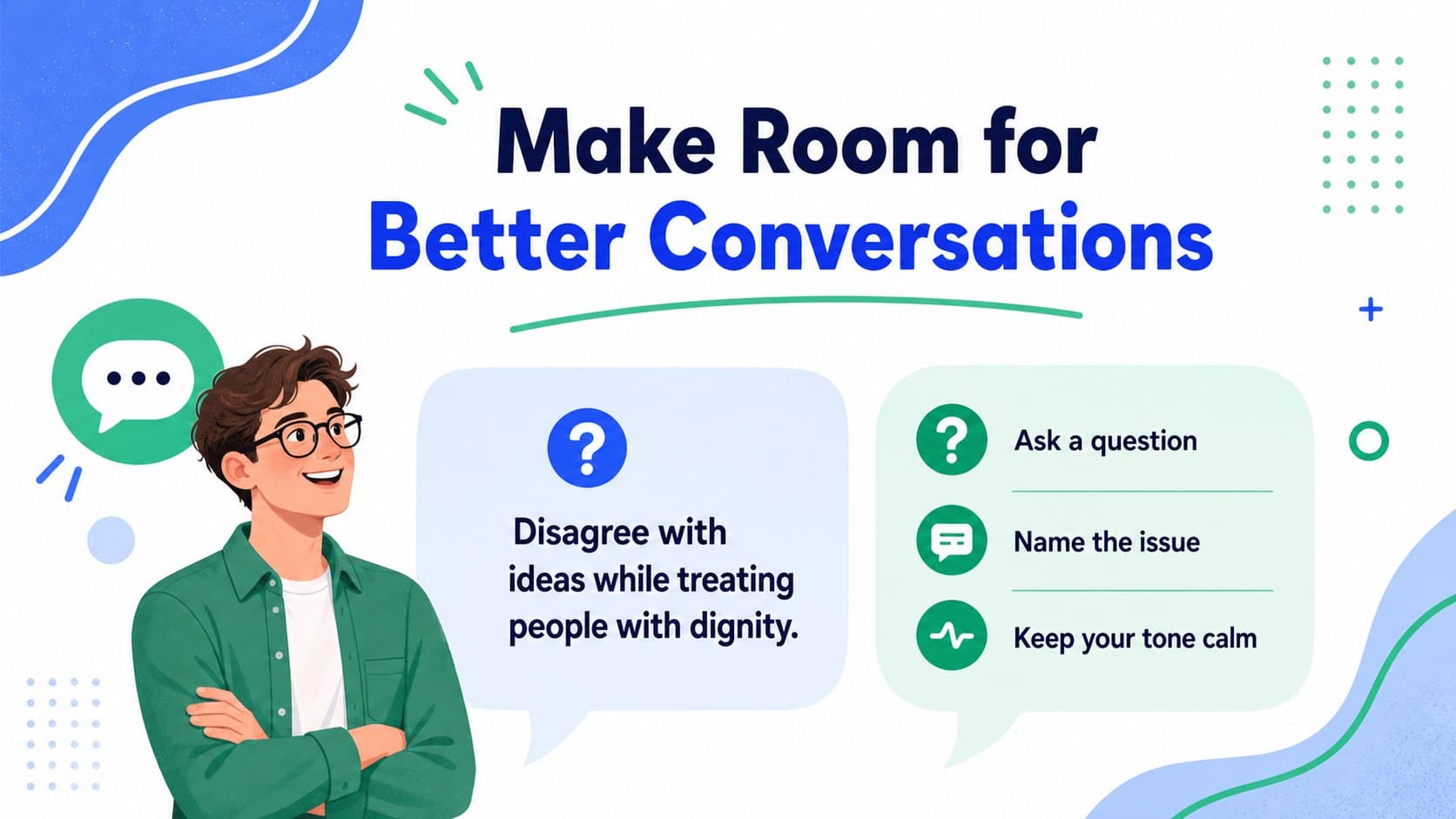 Respectful communication slide with examples of constructive online responses.
