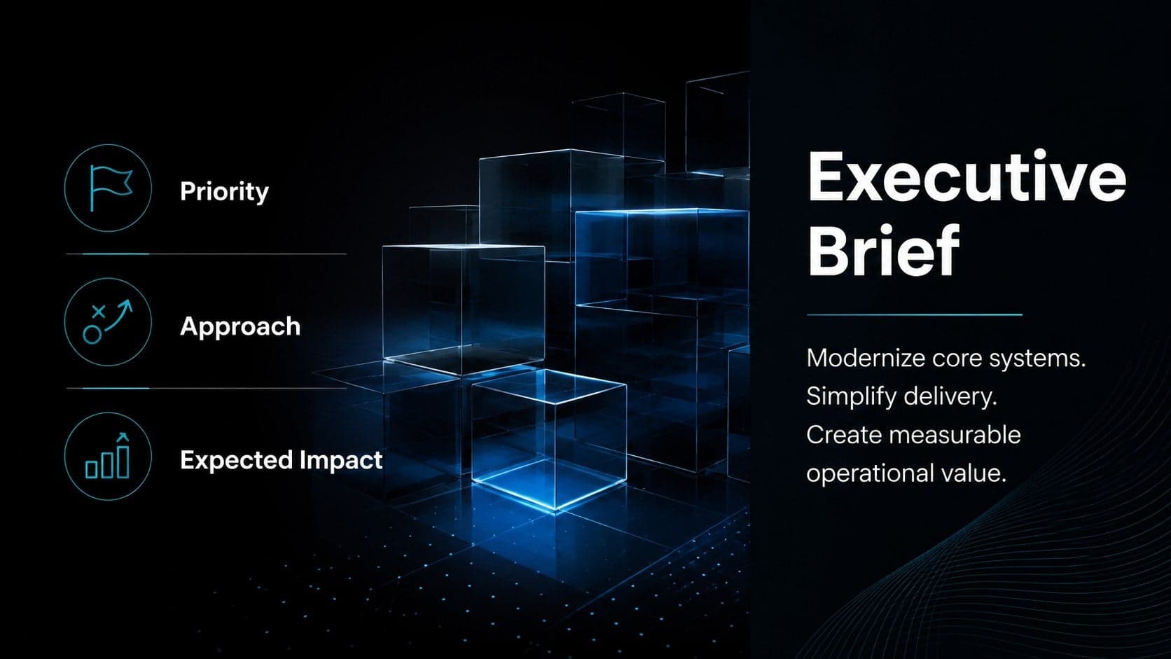 Executive brief slide summarizing priorities in a technology advisory presentation template.