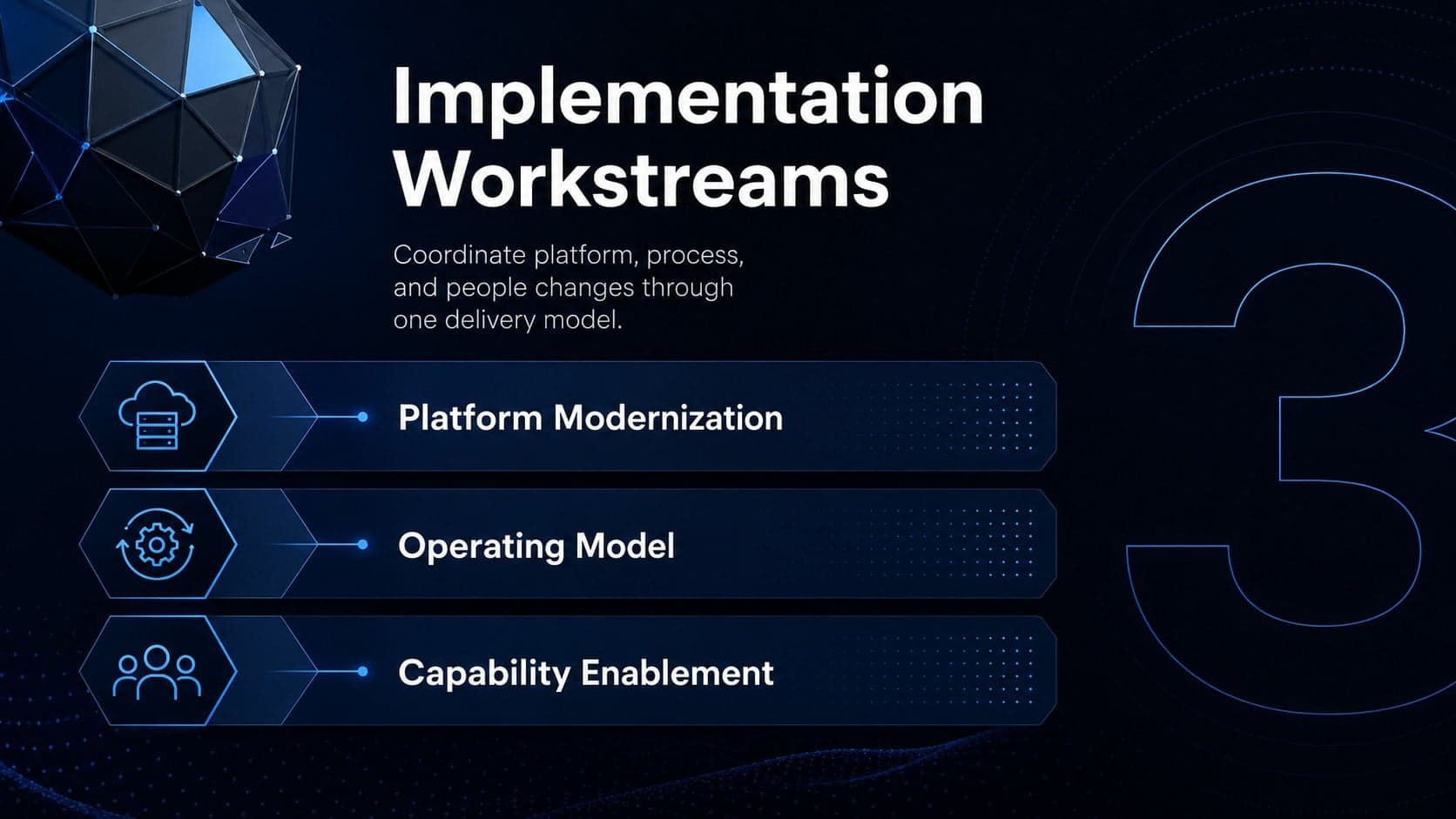 Implementation workstreams slide for digital transformation strategy planning.