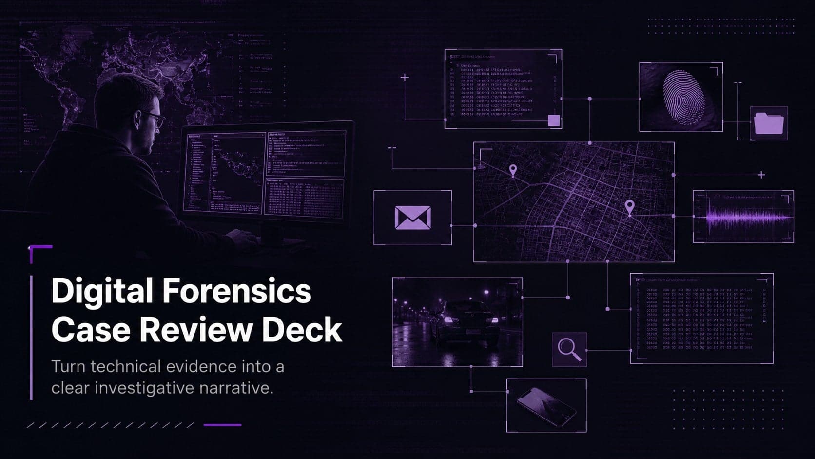 Dark violet cover for a Digital Forensics Case Review Deck with technical evidence-inspired graphics.