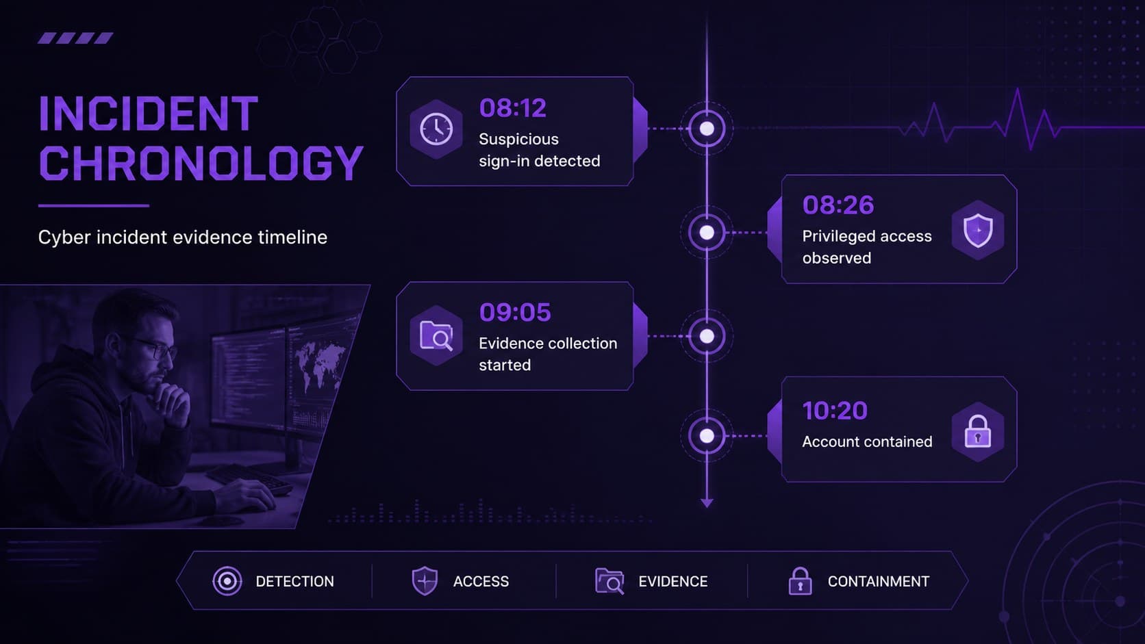 Cyber incident evidence timeline showing detection, access, collection, and containment events.