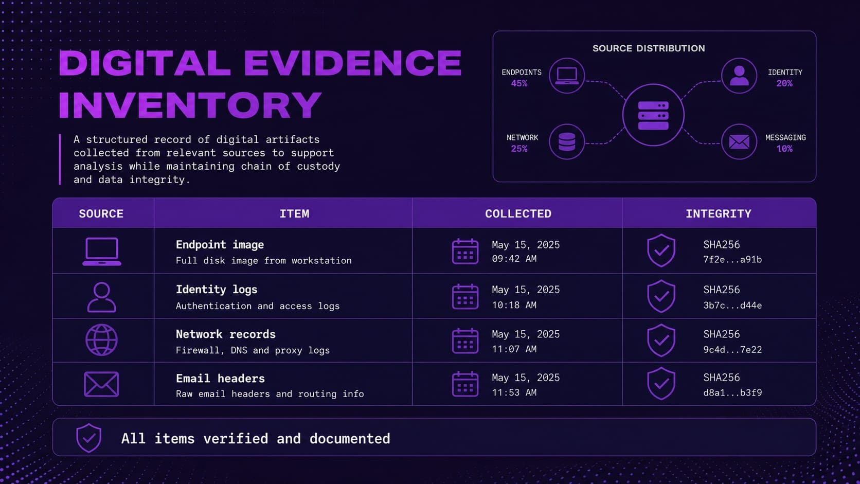 Digital evidence presentation slide listing endpoint, identity, network, and communication records.