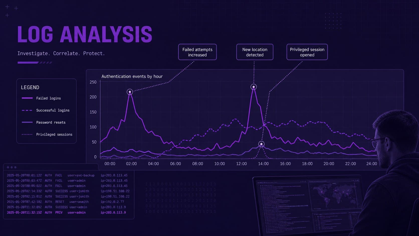 Forensic log analysis slide with authentication activity chart and suspicious event annotations.