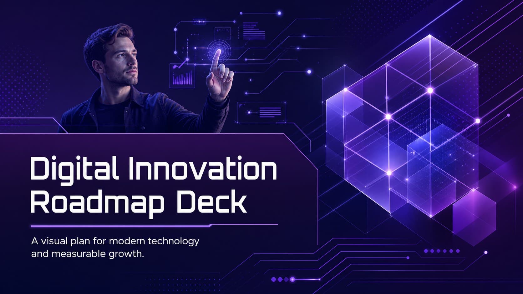 Cover slide for a digital innovation roadmap deck with a bold purple-blue 3D technology composition.