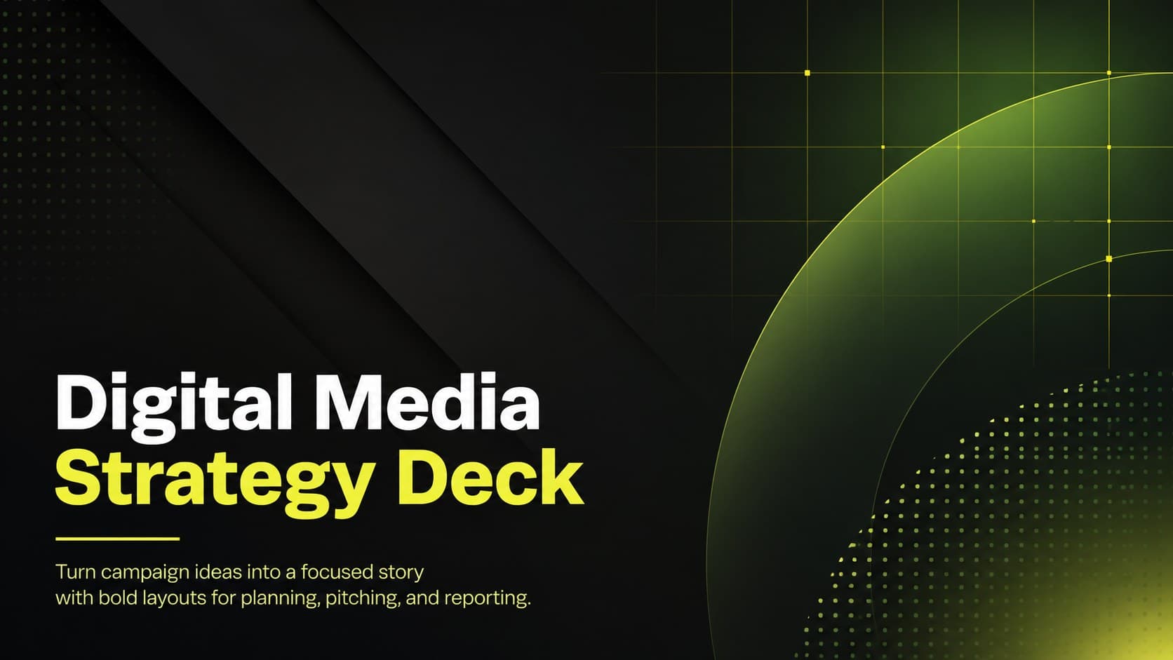 Cover of a Digital Media Strategy Deck with bold green and yellow accents on a minimal black background.