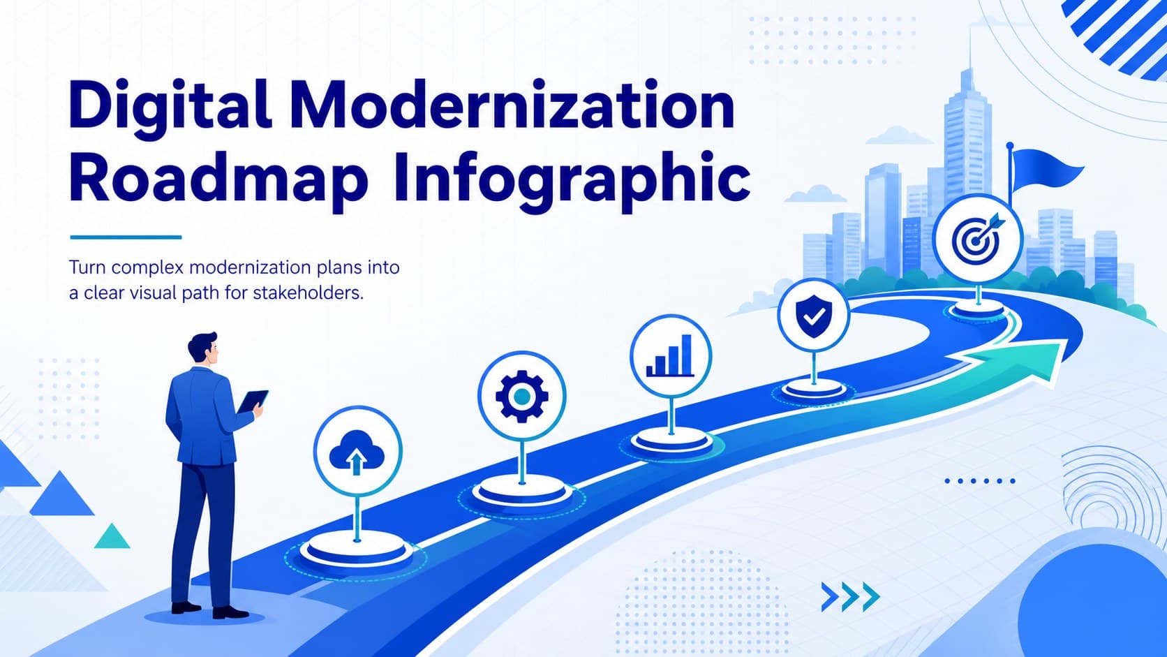 Cover of a blue illustrated Digital Modernization Roadmap Infographic for business strategy presentations.
