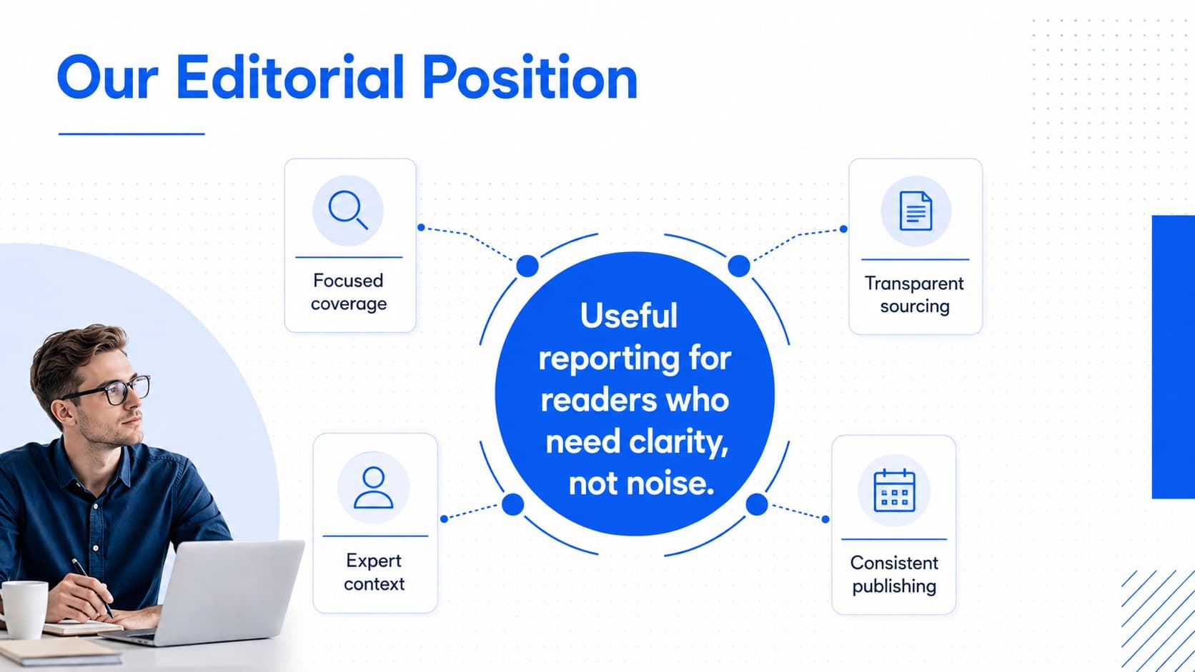 Independent media startup presentation slide explaining editorial positioning and publication value.