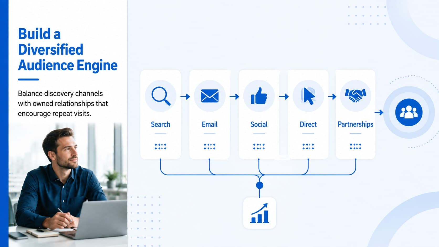 News platform audience growth slide comparing search, newsletters, social distribution, and partnerships.