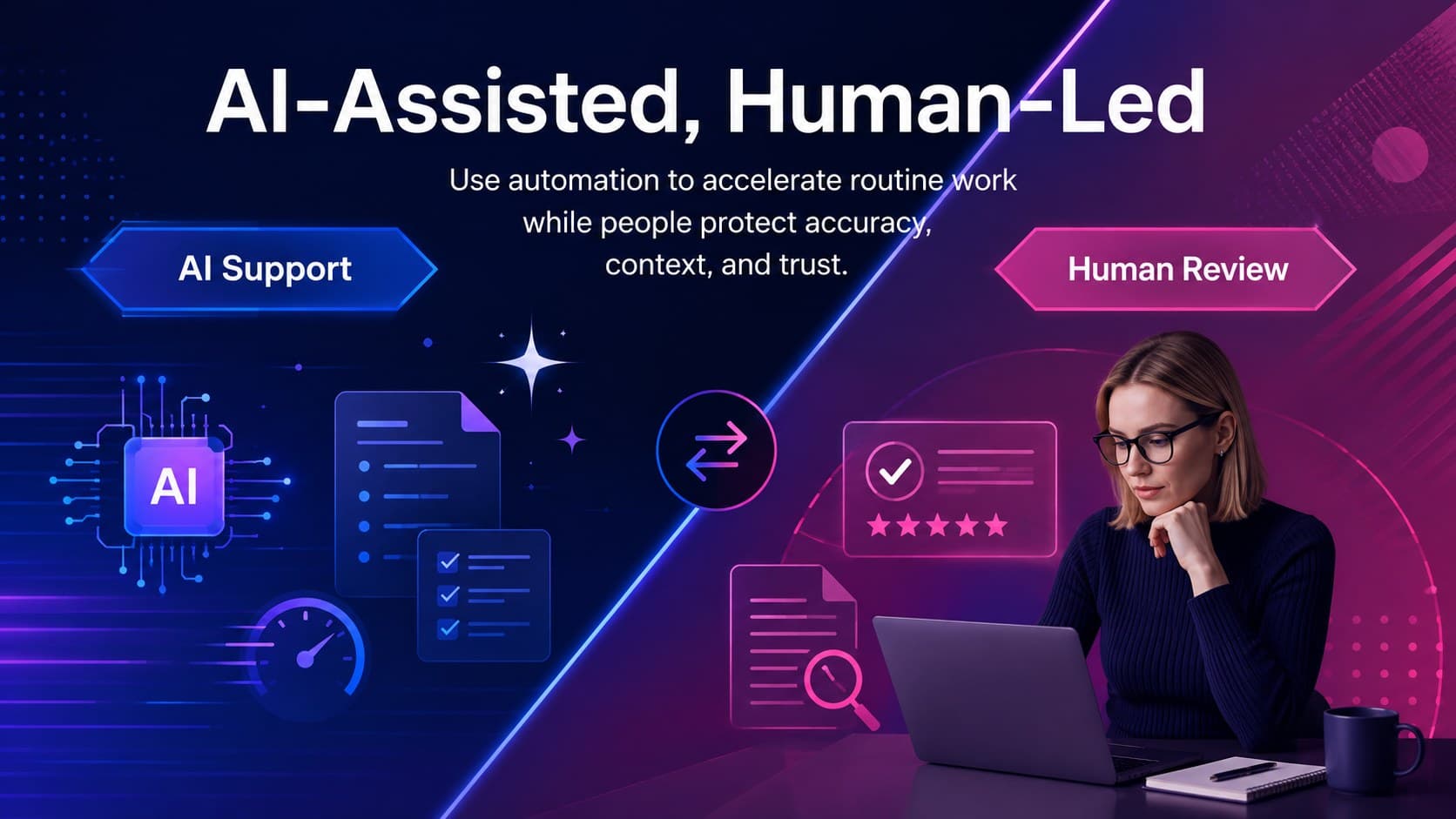 AI in public relations presentation slide balancing automation with human review.