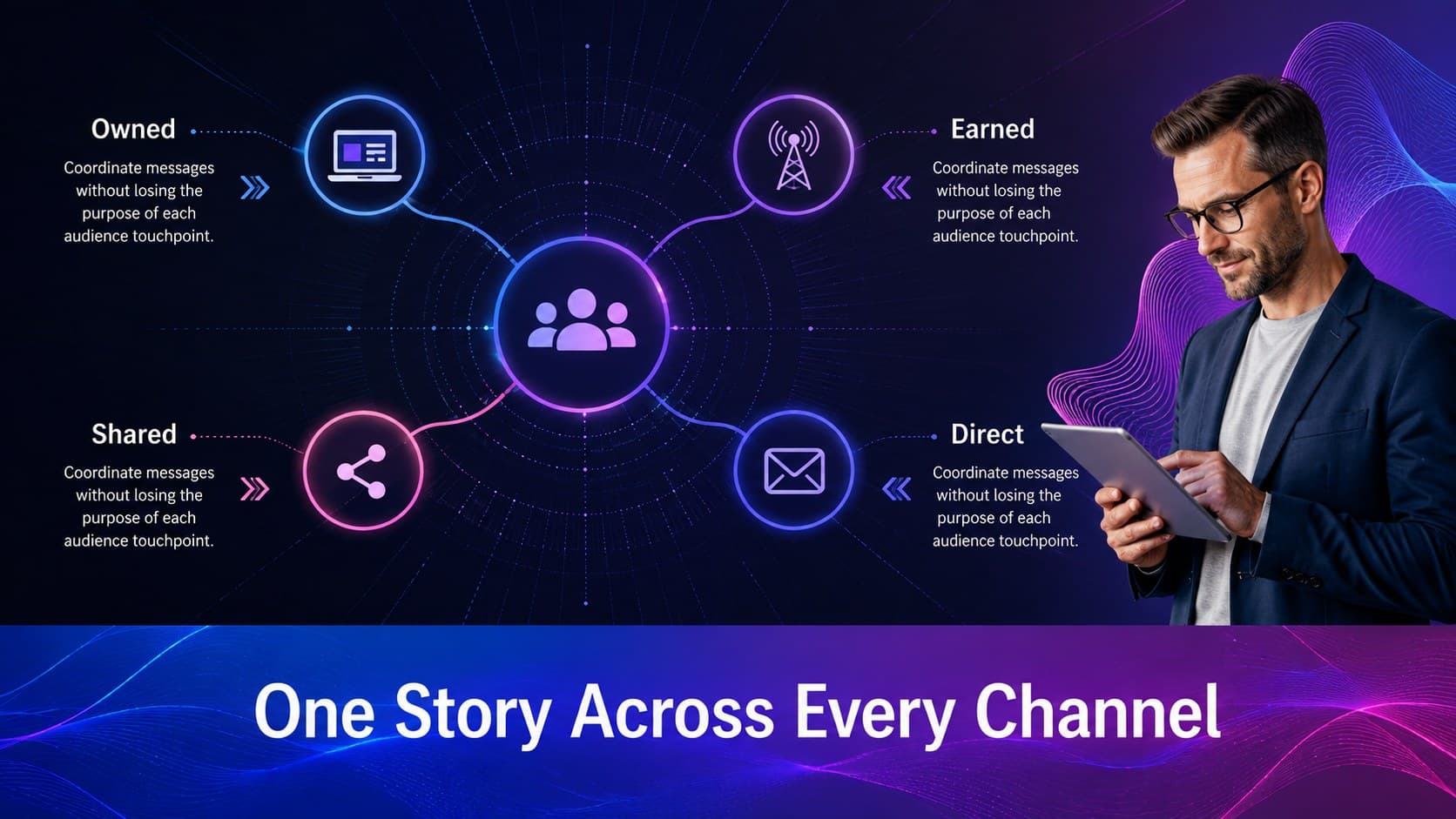 Omnichannel digital PR strategy slide mapping owned, earned, shared, and direct communication.