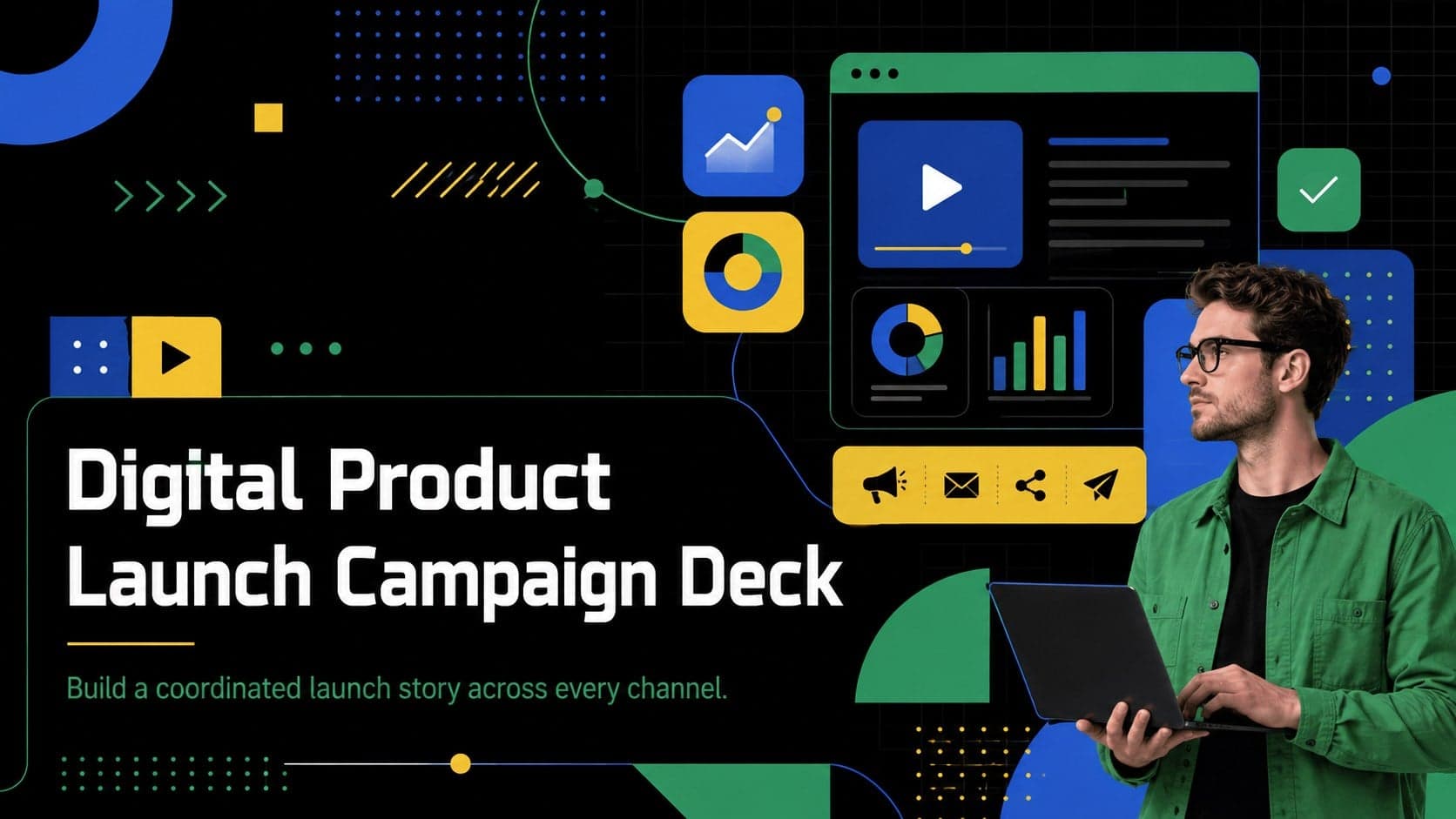Cover for a digital product launch campaign deck with bold geometric UI graphics in green, blue, yellow, and black.