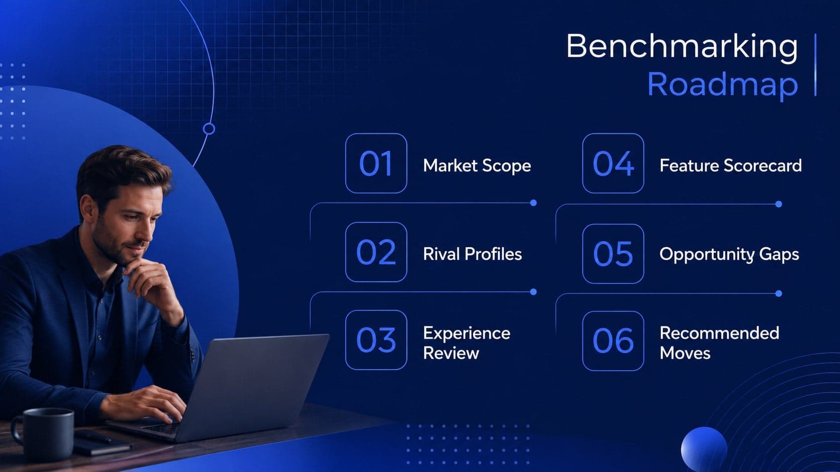 Blue agenda slide outlining the sections of a digital competitor benchmarking presentation.