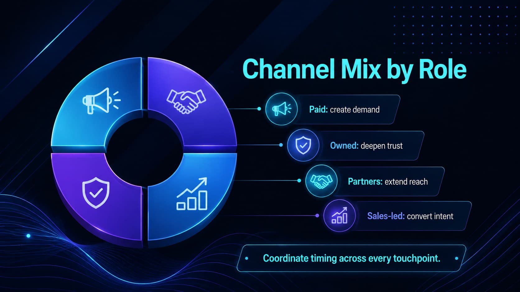 Channel mix slide comparing paid, owned, partner, and sales-led campaign activity.