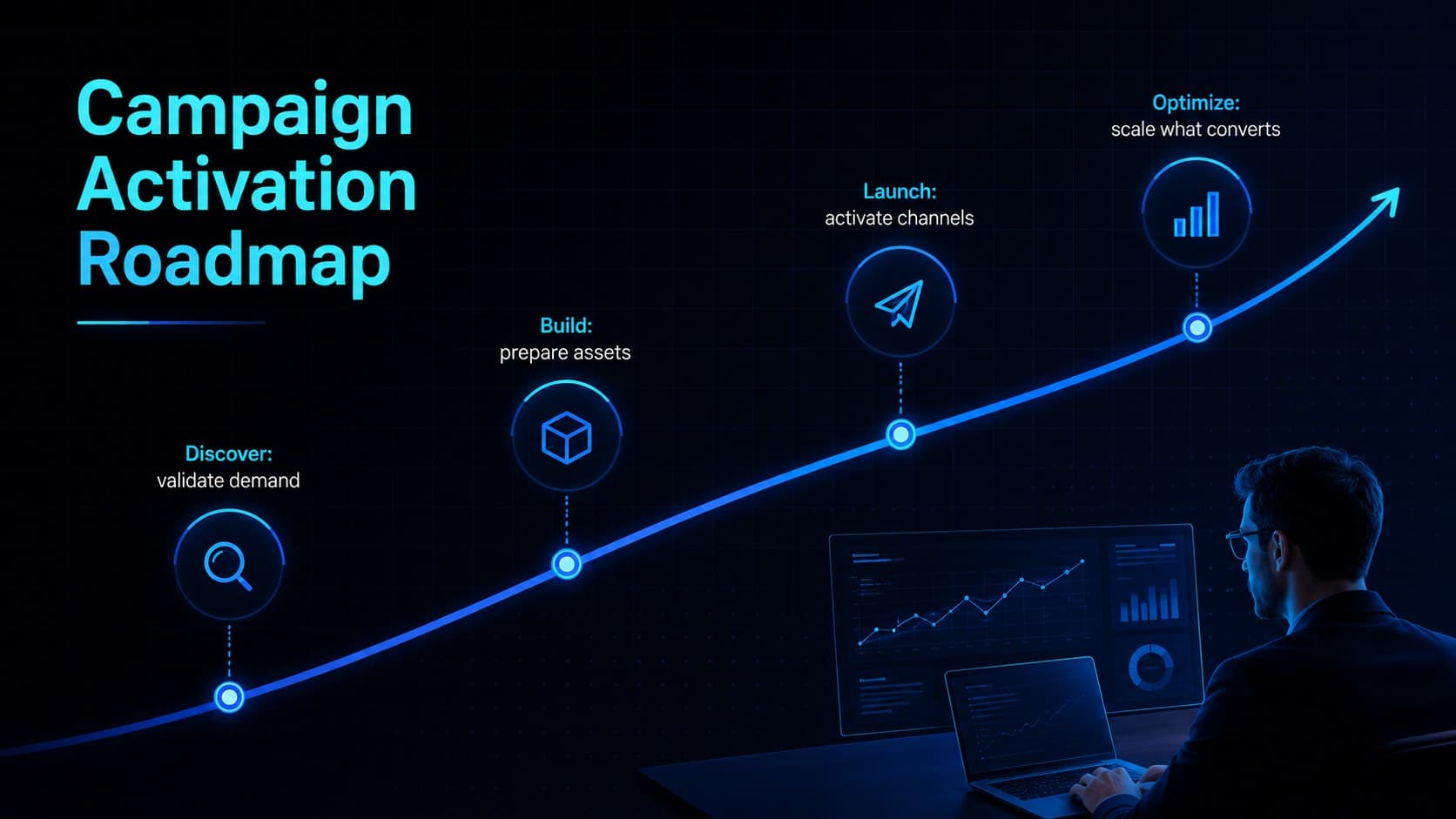 Digital campaign planning slide presenting a four-phase activation roadmap.