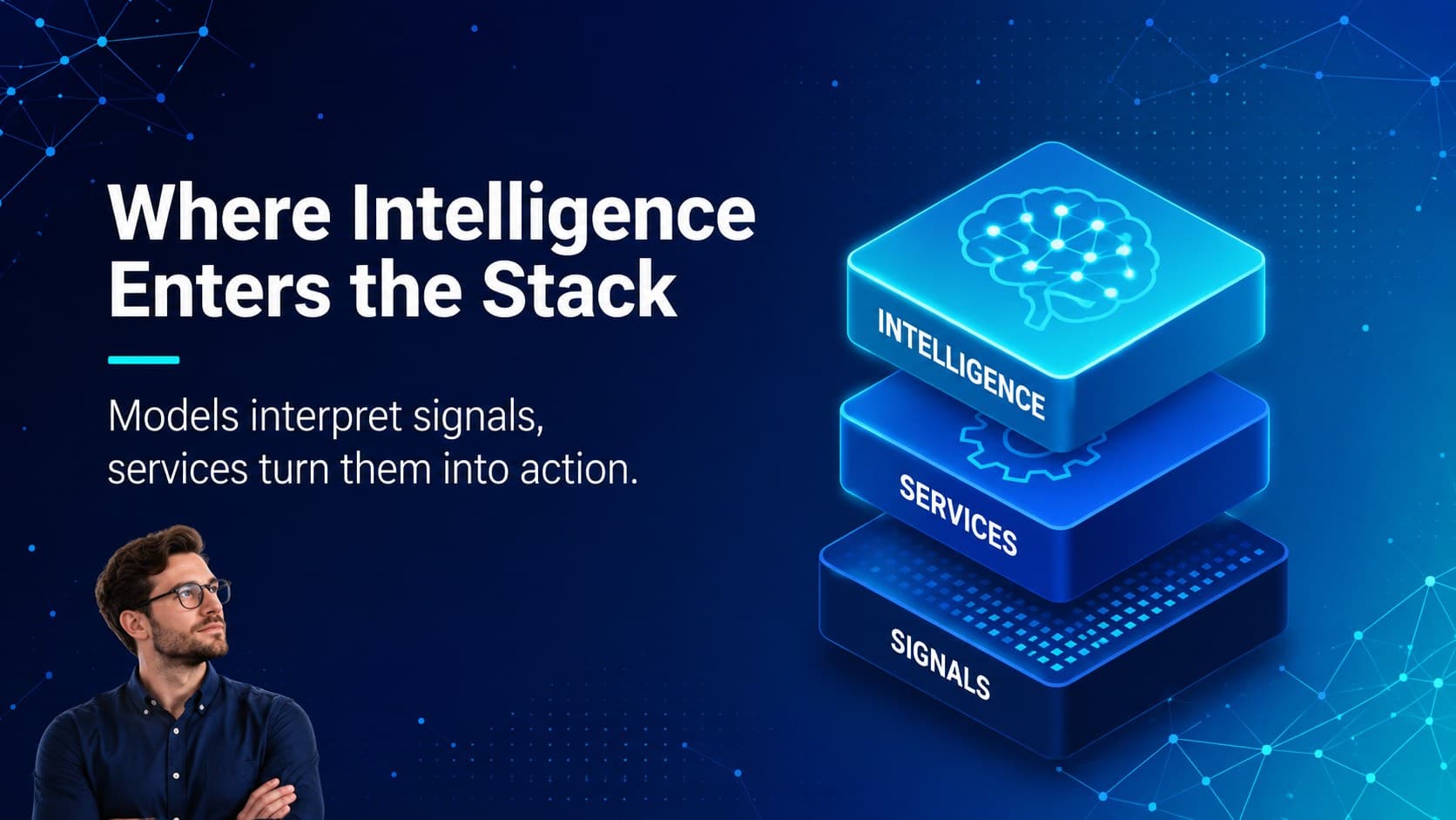 Artificial intelligence systems slide with a layered model and concise technical notes.