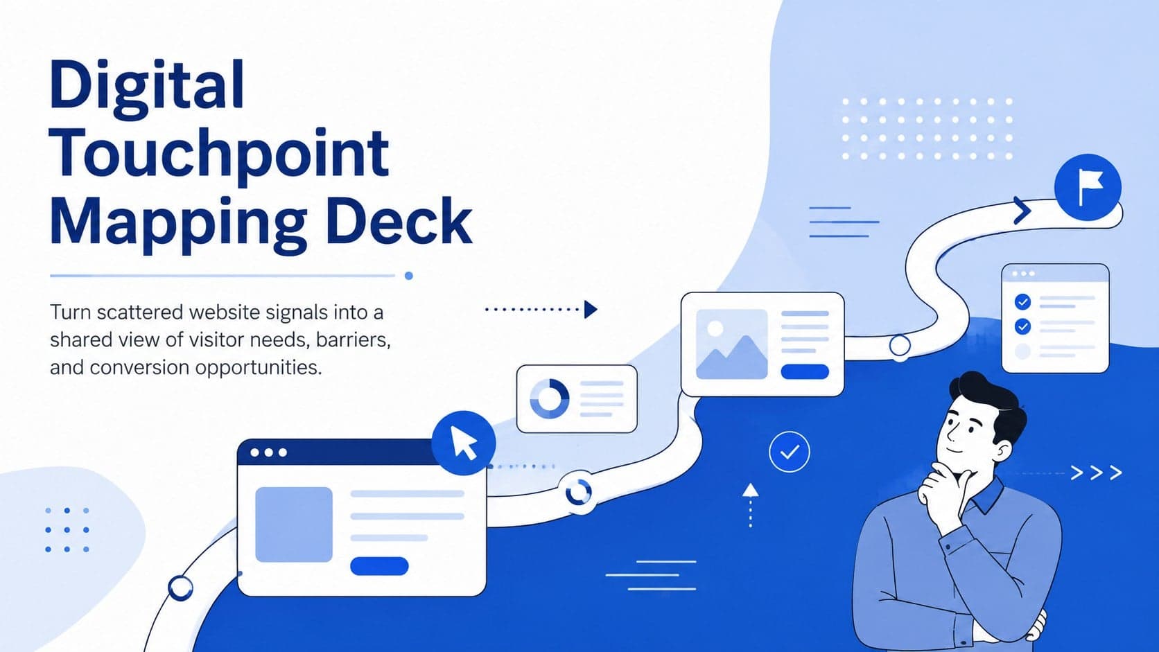Blue-and-white cover for a digital touchpoint mapping deck with modern website journey illustrations.