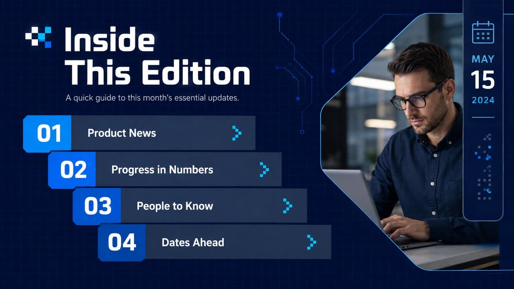 Editorial contents page for a digital update bulletin with sections for news, metrics, people, and upcoming events.