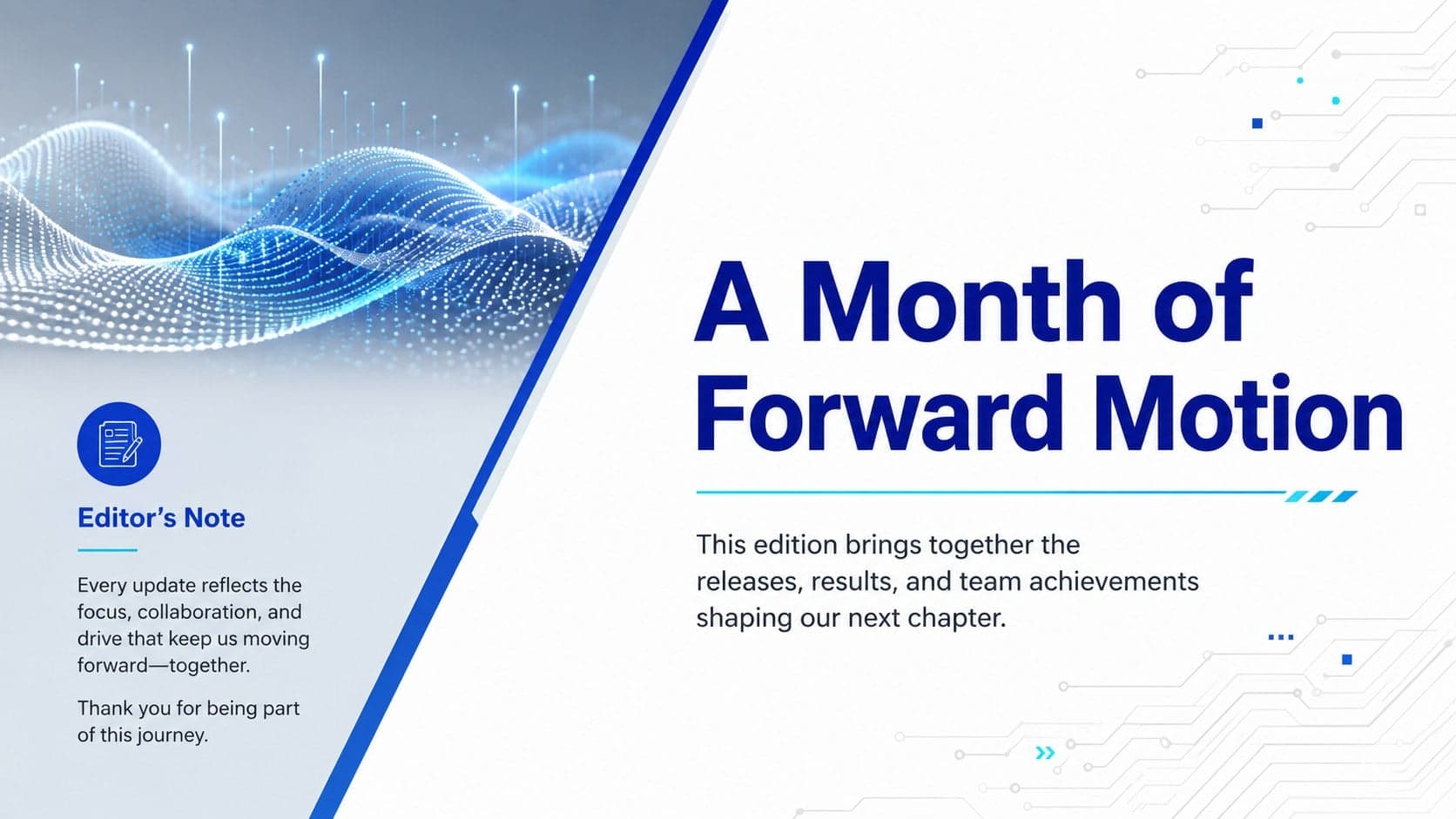 Technology bulletin welcome slide introducing the monthly edition with a modern deep blue editorial layout.