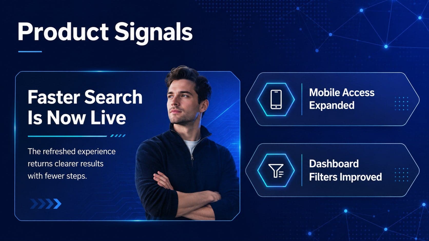 Product update presentation slide featuring three technology release stories in a structured blue and gray layout.