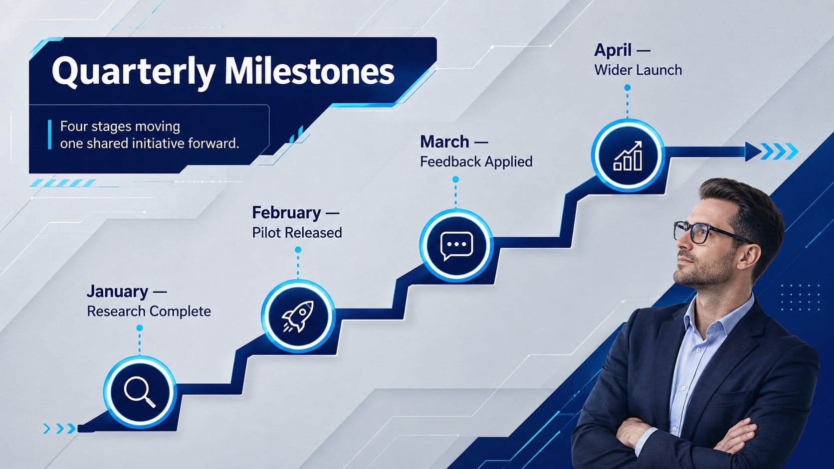Company innovation update deck slide with a four-stage quarterly milestone timeline.